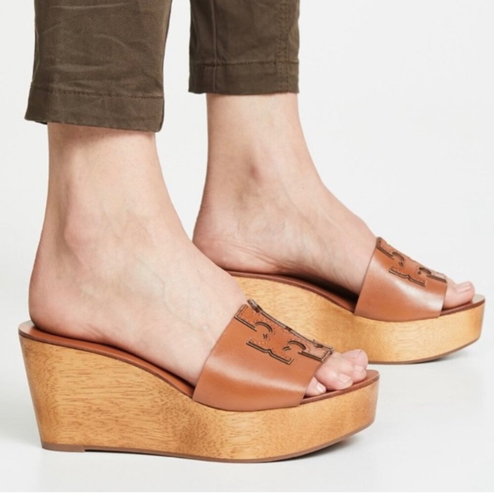 Tory Burch Ines Wedge Sandals Platform Slide Sandals Cognac Brown Tan Leather